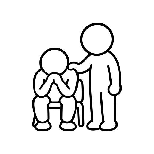 落ち込む人の肩に手を添える人のイラスト（丸みのあるデフォルメ）