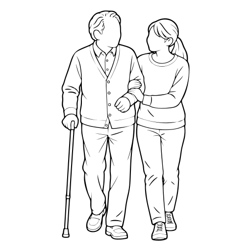 高齢の親に付き添って歩く成人の子のイラスト（線画）