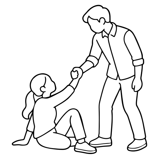 座り込んだ人の立ち上がりを助ける人のイラスト（シンプル）