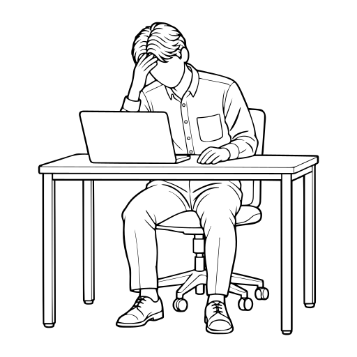 PCの前で悩む人のイラスト（線画）