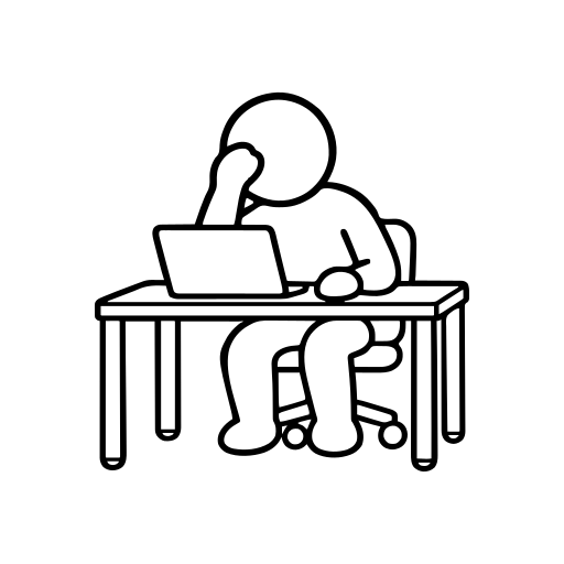 PCの前で悩む人のイラスト（丸みのあるデフォルメ）