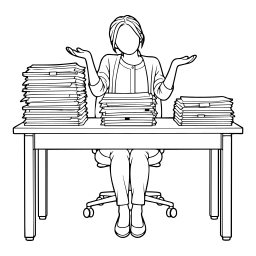 書類の山に困る人のイラスト（線画）