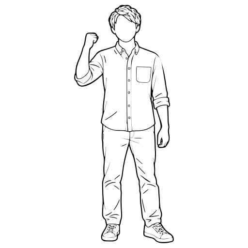 片腕でガッツポーズする人のイラスト（線画）