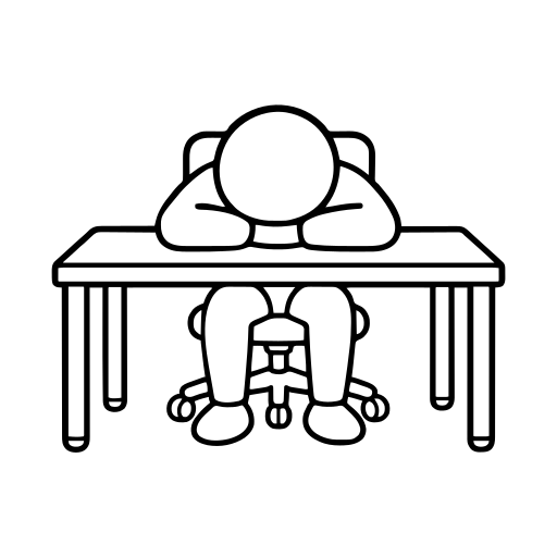 疲れて机に伏せる人のイラスト（丸みのあるデフォルメ）
