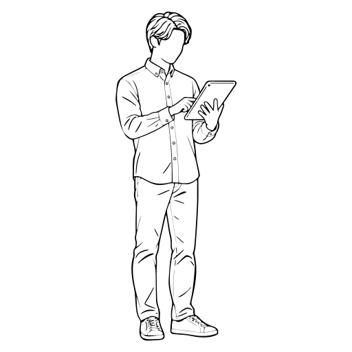 タブレットを持って立つ人のイラスト（線画）
