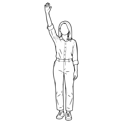 立って手を挙げる人のイラスト（線画）