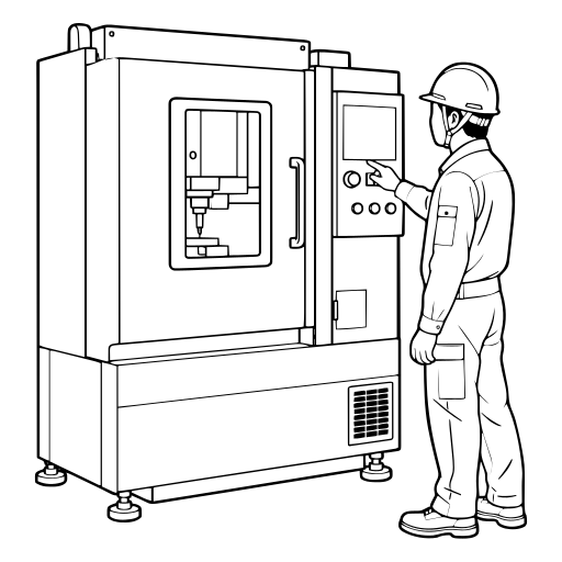 機械の操作盤を扱う工場作業員のイラスト（線画）