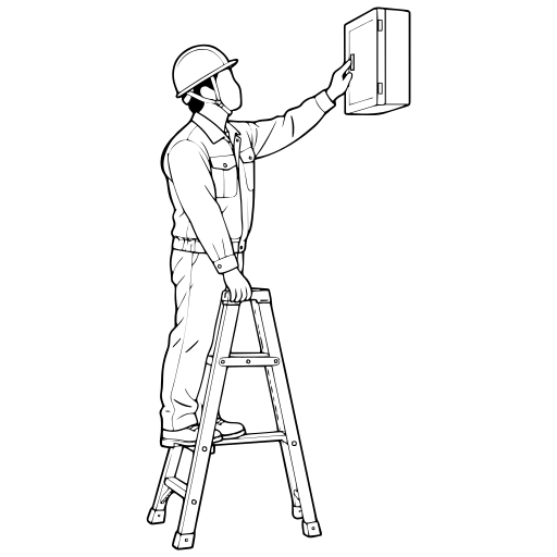 脚立で設備を点検する作業員のイラスト（線画）