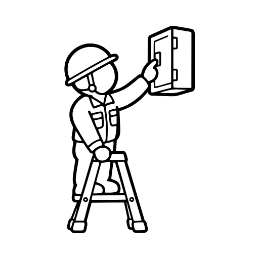 脚立で設備を点検する作業員のイラスト（丸みのあるデフォルメ）