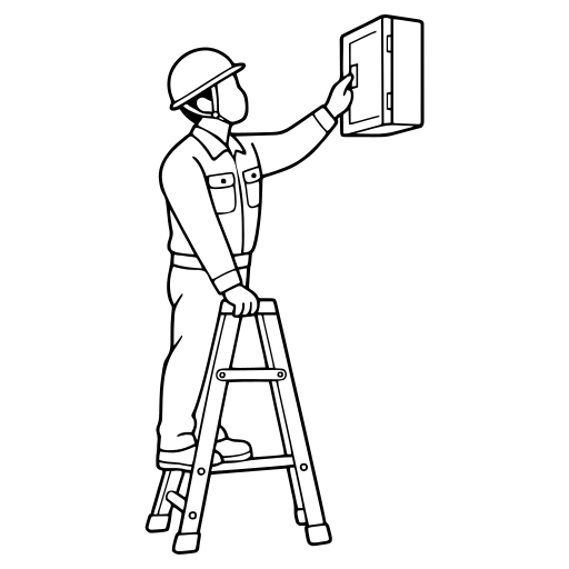 脚立で設備を点検する作業員のイラスト（シンプル）