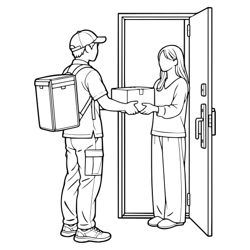 玄関で荷物を届ける配達員のイラスト（線画）
