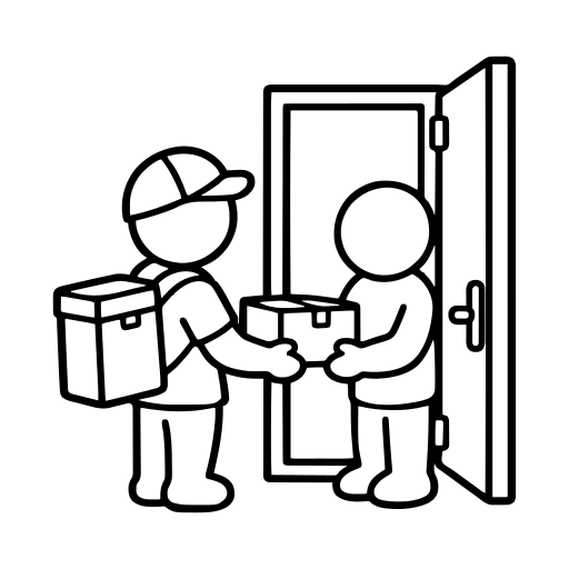 玄関で荷物を届ける配達員のイラスト（丸みのあるデフォルメ）