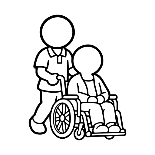 介護職員と車椅子の高齢者のイラスト（丸みのあるデフォルメ）