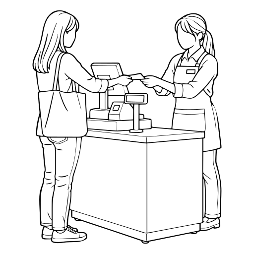 レジで現金を受け取る店員のイラスト（線画）