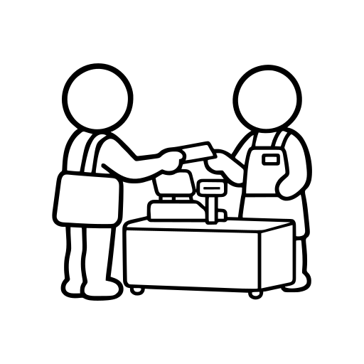レジで現金を受け取る店員のイラスト（丸みのあるデフォルメ）