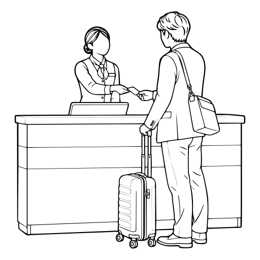ホテルで客を迎える受付係のイラスト（線画）