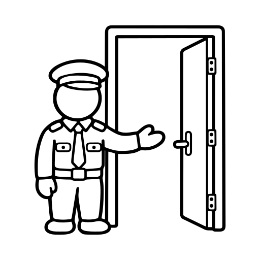 入口で誘導する警備員のイラスト（丸みのあるデフォルメ）
