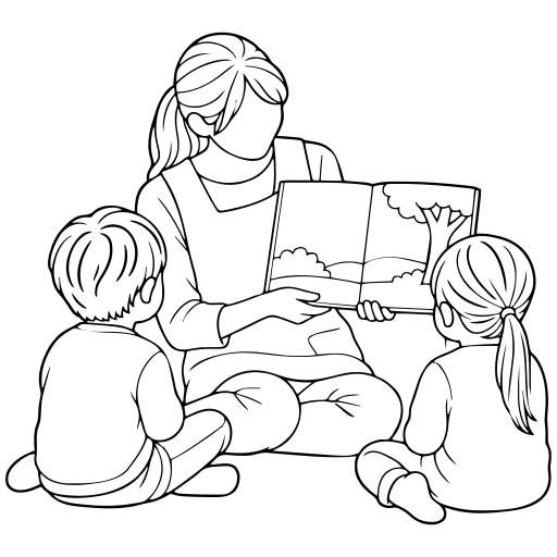 子ども2人に絵本を読む保育士のイラスト（線画）