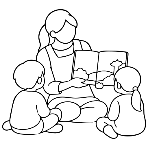子ども2人に絵本を読む保育士のイラスト（シンプル）