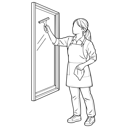 窓を清掃するスタッフのイラスト（線画）