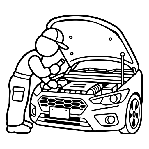 車を点検する整備士のイラスト（丸みのあるデフォルメ）