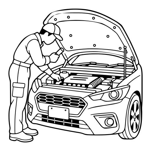 車を点検する整備士のイラスト（シンプル）