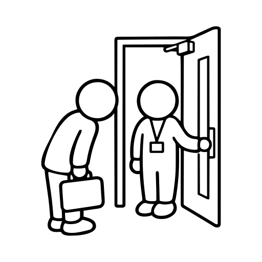 客先を訪問する営業担当者のイラスト（丸みのあるデフォルメ）