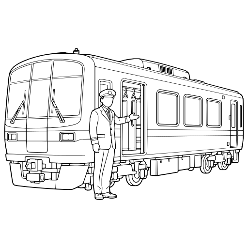 電車のそばで案内する駅員のイラスト（線画）