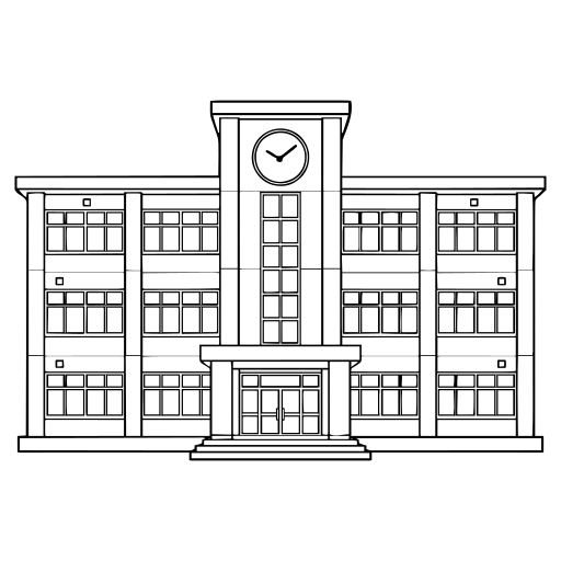 時計のある学校の校舎のイラスト（線画）