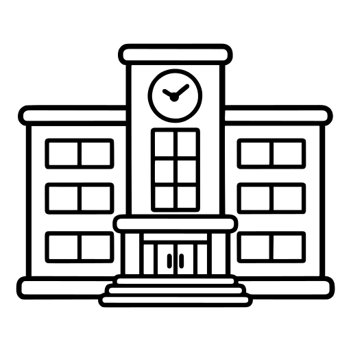 時計のある学校の校舎のイラスト（丸みのあるデフォルメ）