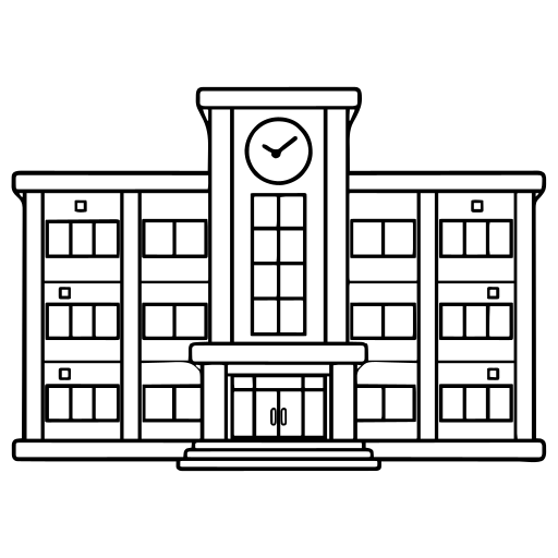 時計のある学校の校舎のイラスト（シンプル）