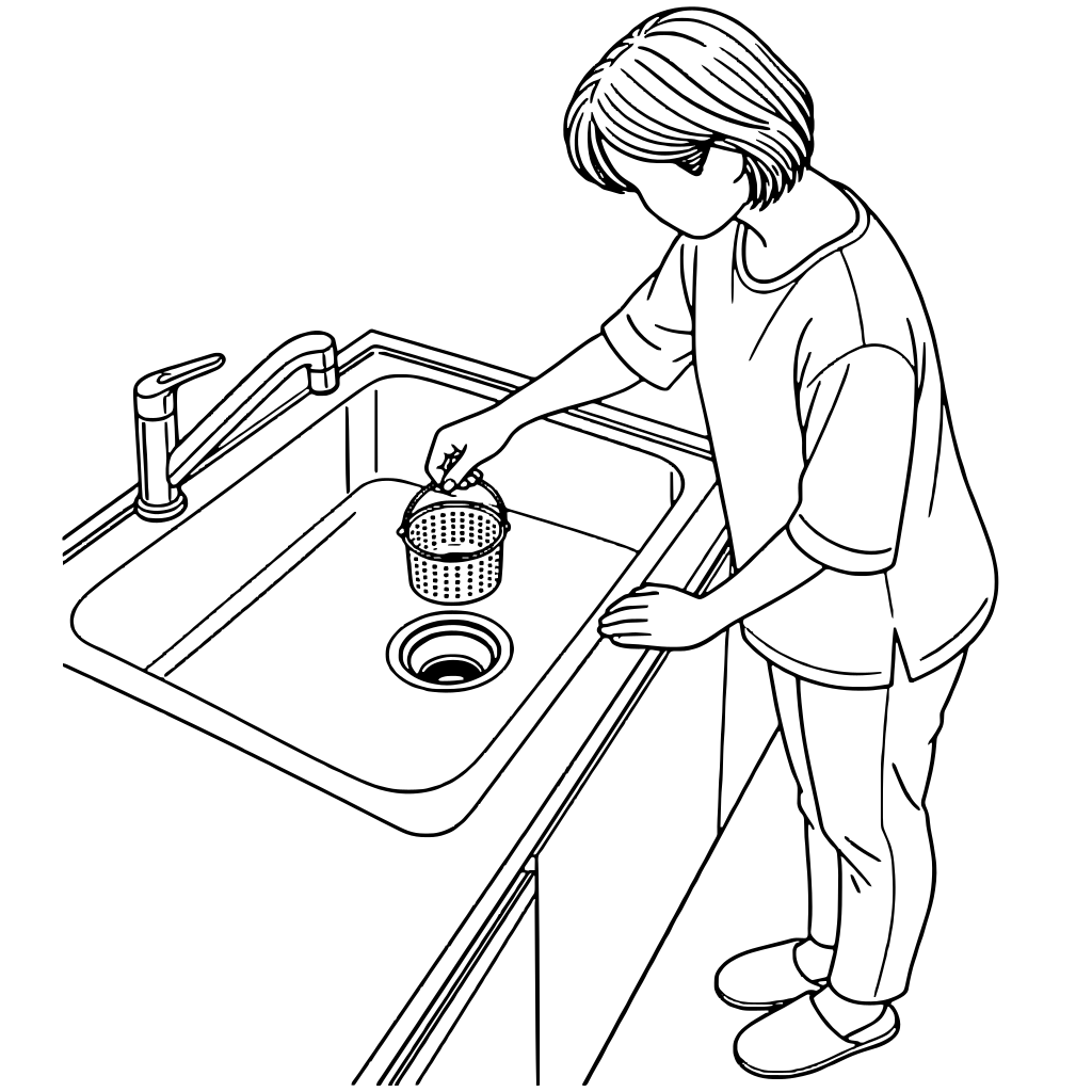流しの排水口の上でごみ受けを持つ人のイラスト（線画）