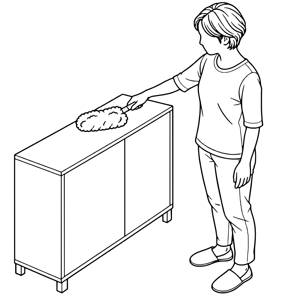 Person Dusting the Top of a Cabinet with a Handheld Duster illustration (Line style)