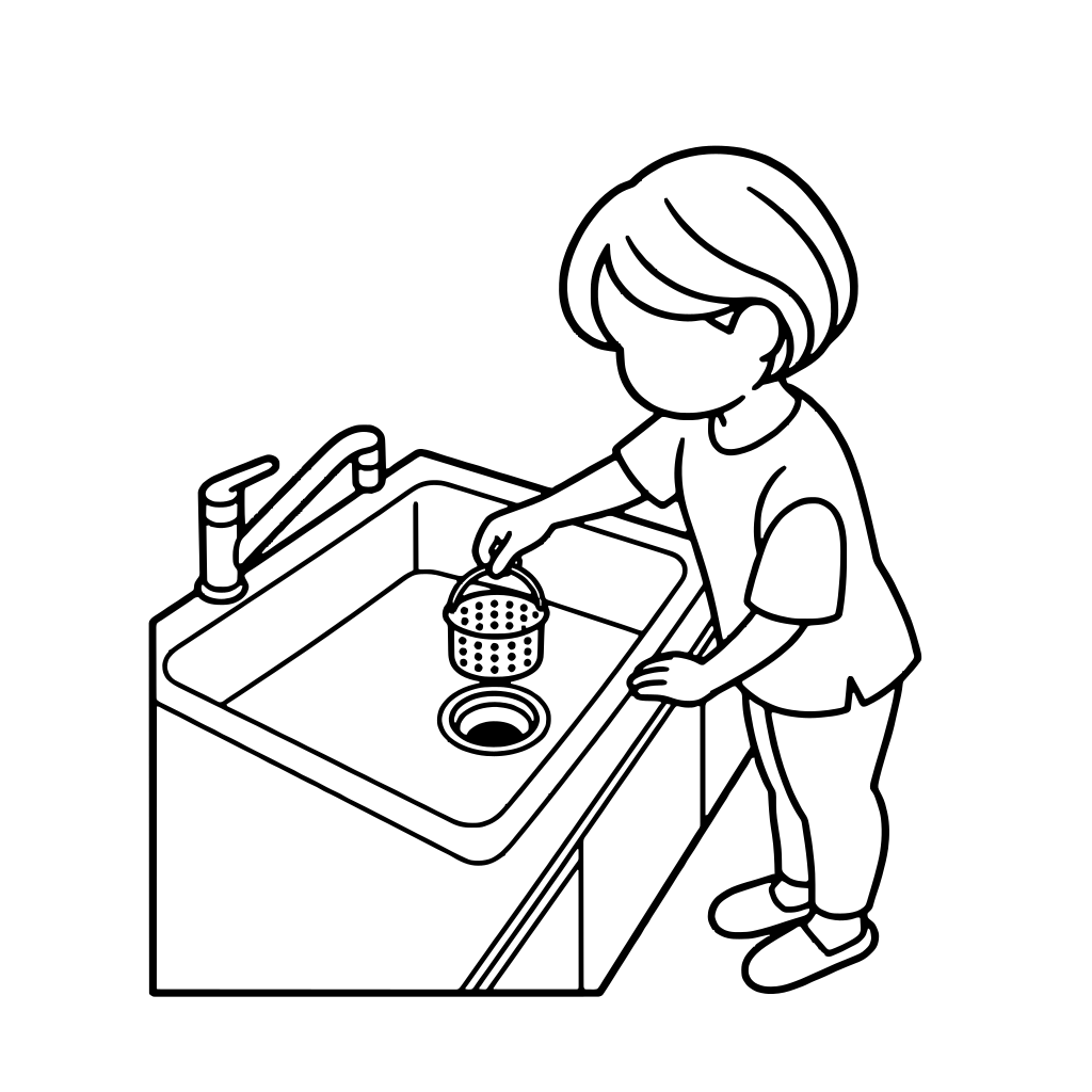 流しの排水口の上でごみ受けを持つ人のイラスト（丸みのあるデフォルメ）