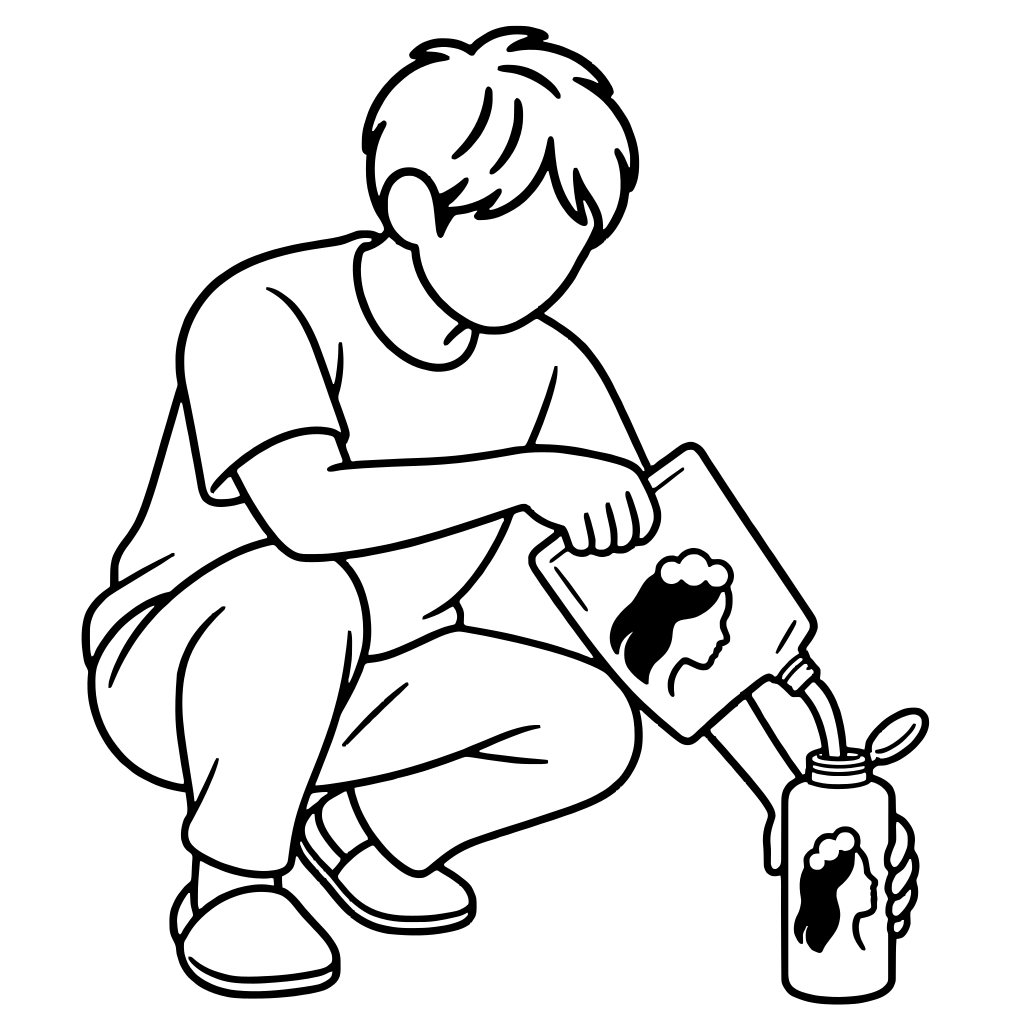シャンプーをボトルに詰め替える人のイラスト（シンプル）