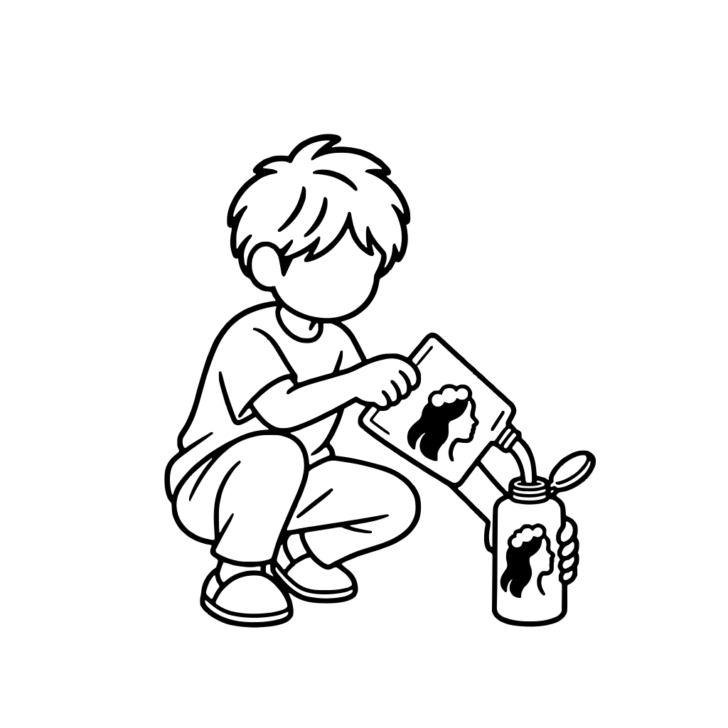 シャンプーをボトルに詰め替える人のイラスト（丸みのあるデフォルメ）