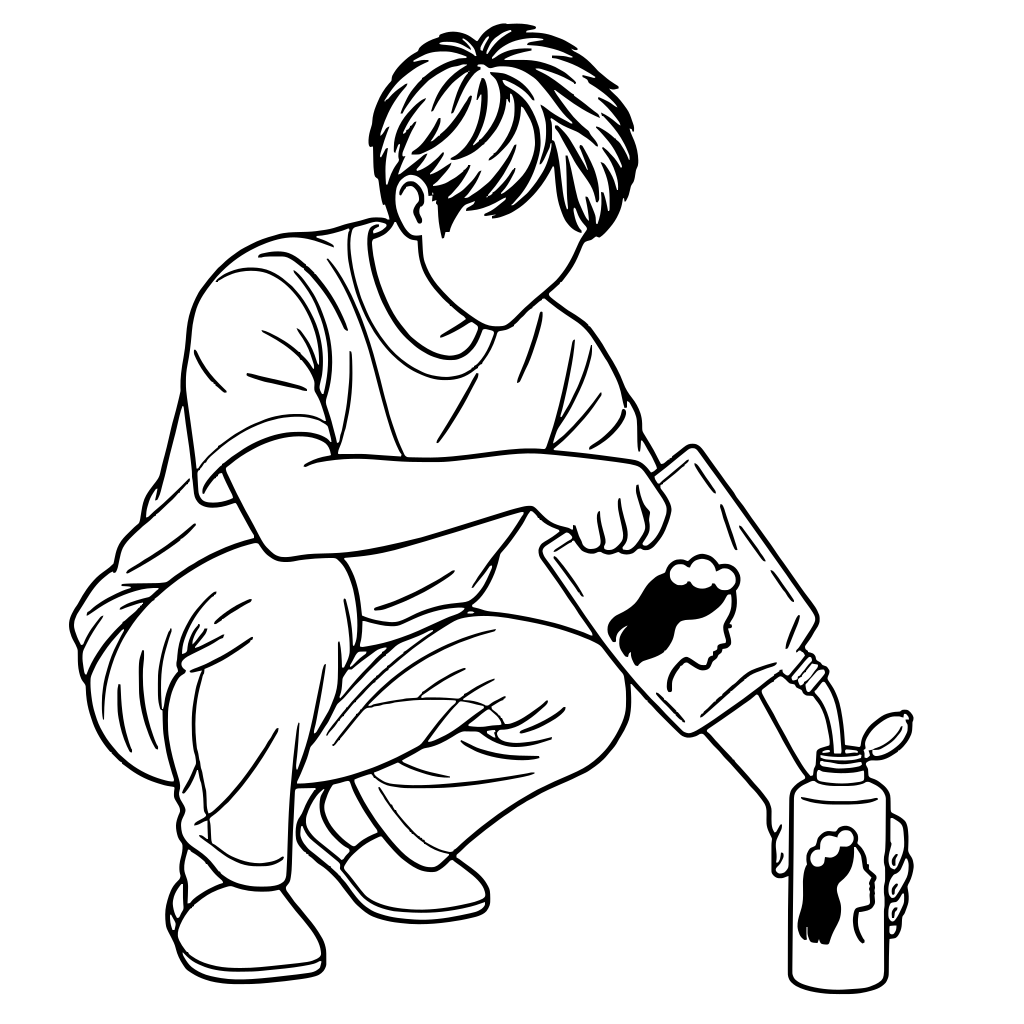 Person Refilling a Shampoo Bottle illustration (Line style)