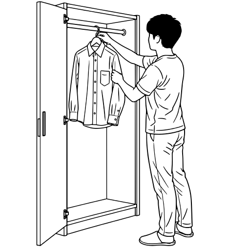 ハンガーに掛けたシャツをクローゼットの横棒へ掛ける人のイラスト（線画）